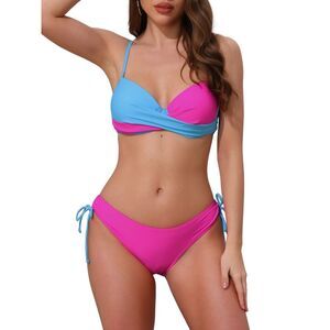 Cross Contrast Color 2 Piece Tie Size Triangle Bottoms Swimwear Rose Red Blue